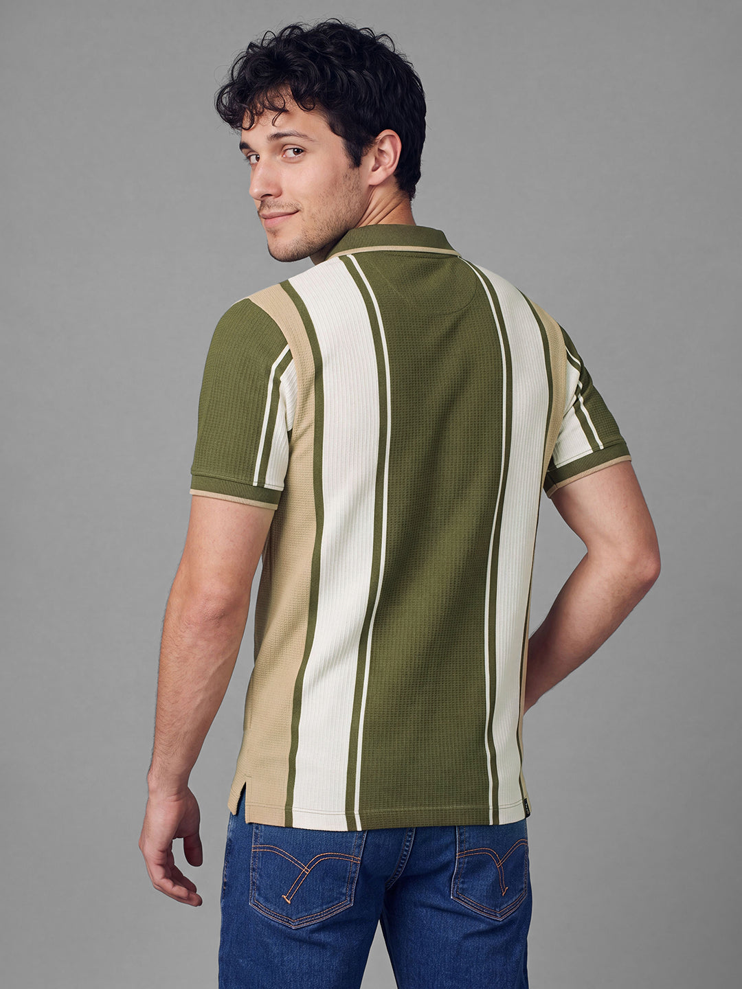 Olive Moderno Fit Striped  Short Sleeves Polo Collar Men's T-shirt by Being Human Clothing