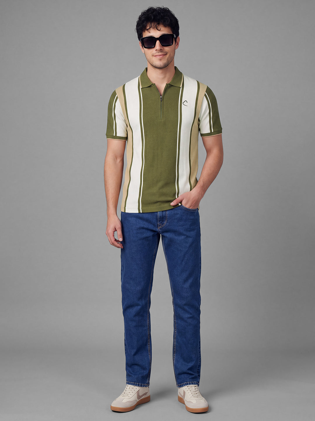 Olive Moderno Fit Striped  Short Sleeves Polo Collar Men's T-shirt by Being Human Clothing