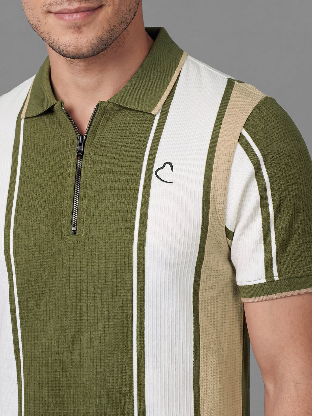 Olive Moderno Fit Striped  Short Sleeves Polo Collar Men's T-shirt by Being Human Clothing