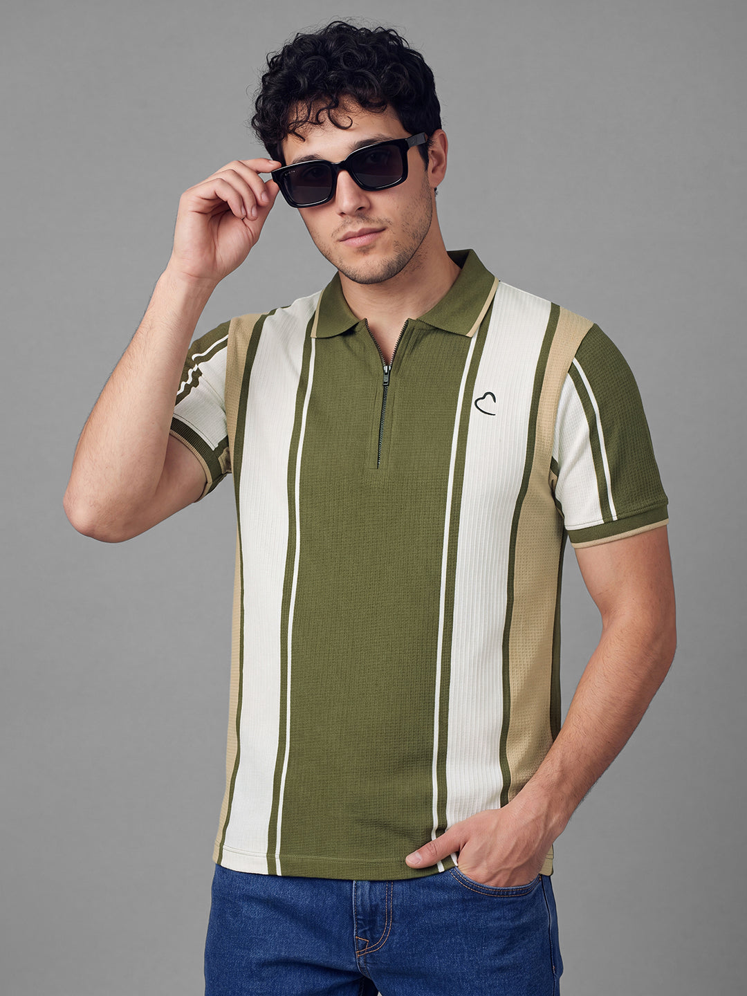 Olive Moderno Fit Striped  Short Sleeves Polo Collar Men's T-shirt by Being Human Clothing
