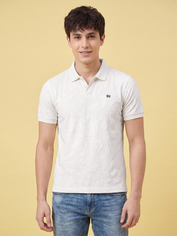 Cream Floral Textured Polo Neck Men's T-shirt by Being Human Clothing
