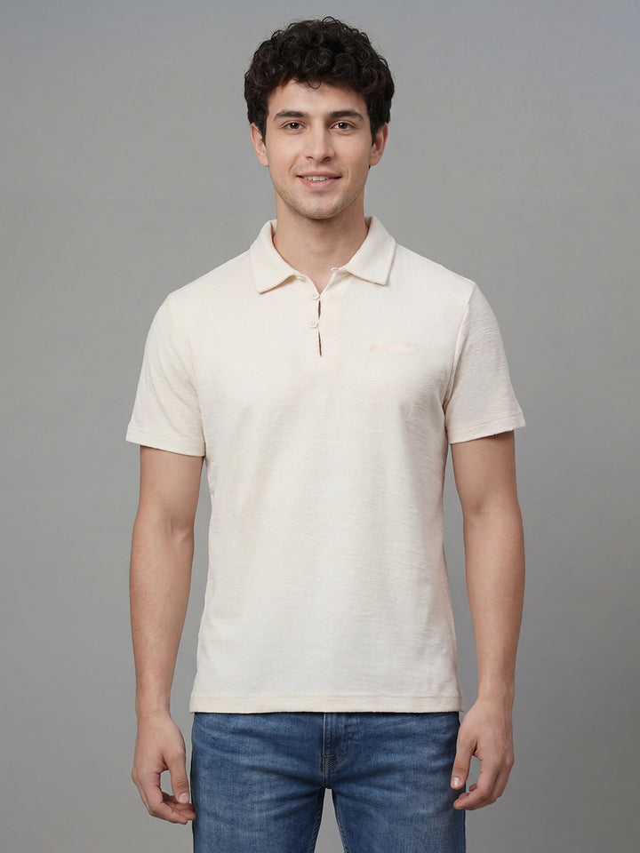 Off White Easy Fit Textured Half Sleeve Polo Neck Men's T-Shirt