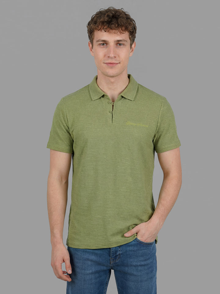 Olive Easy Fit Textured Half Sleeve Polo Neck Men's T-Shirt