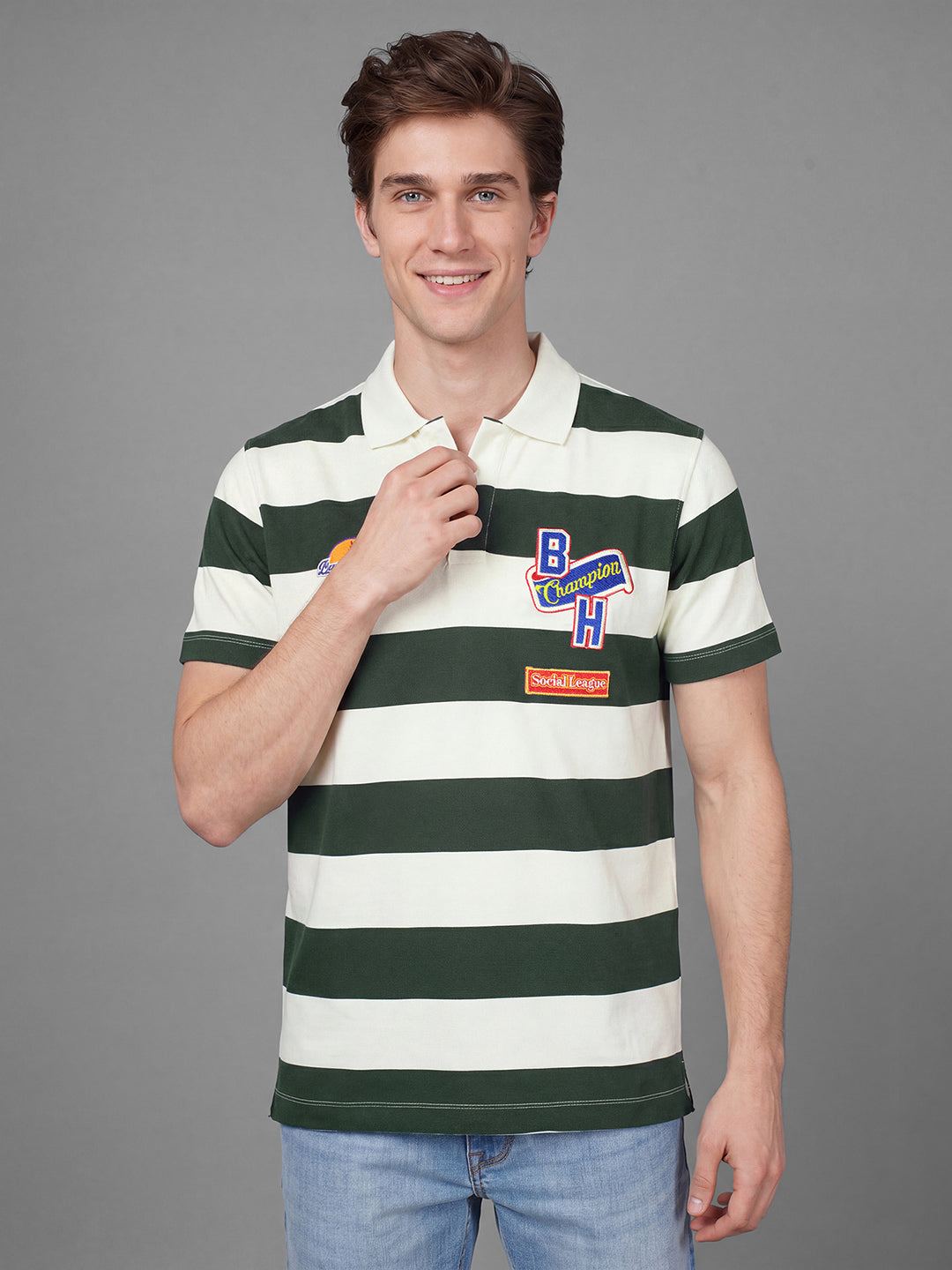 Off White & Green Easy Fit Striped Short Sleeves Polo Collar Men's T-Shirt by Being Human Clothing