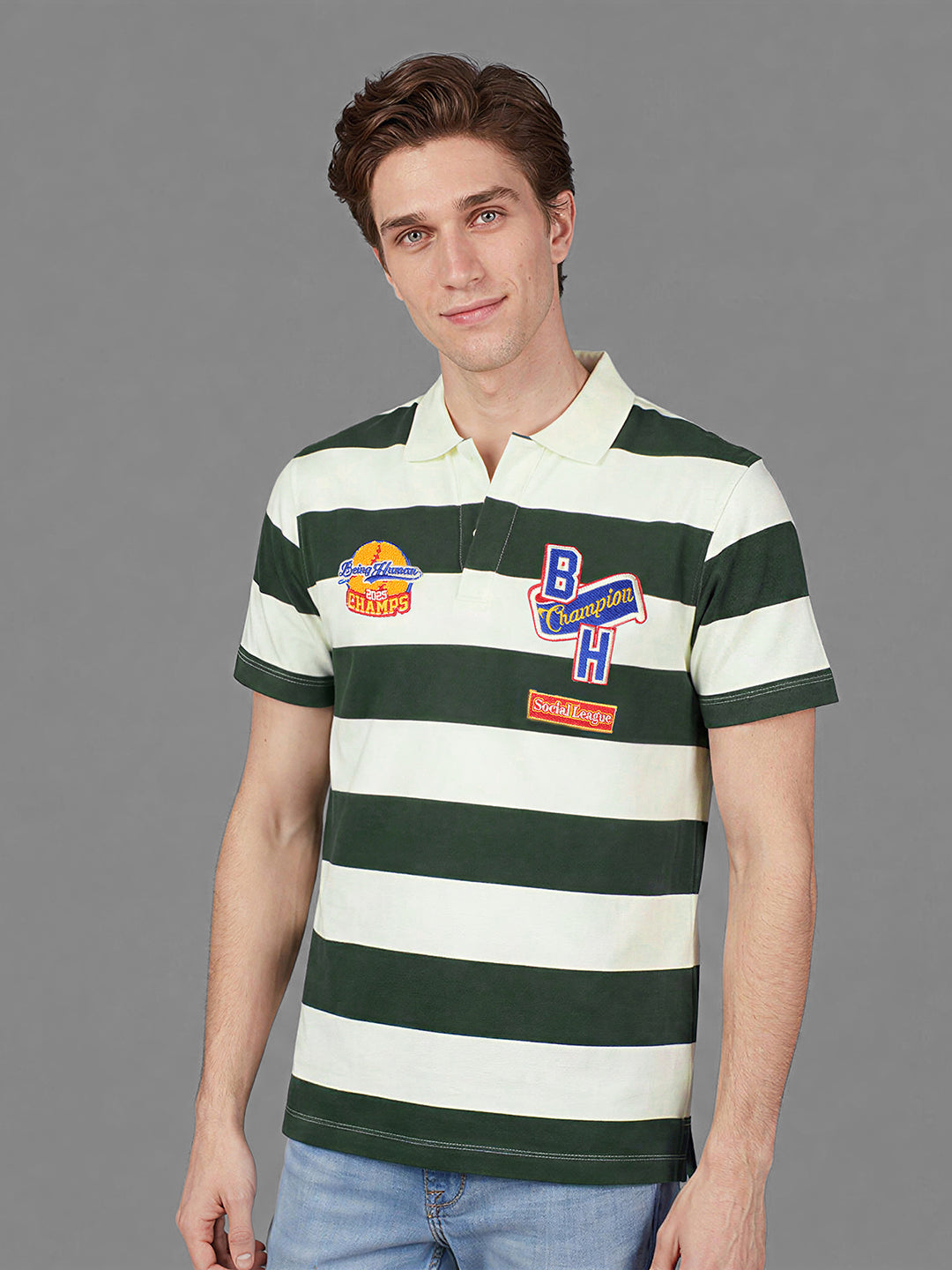 Off White & Green Easy Fit Striped Short Sleeves Polo Collar Men's T-Shirt by Being Human Clothing