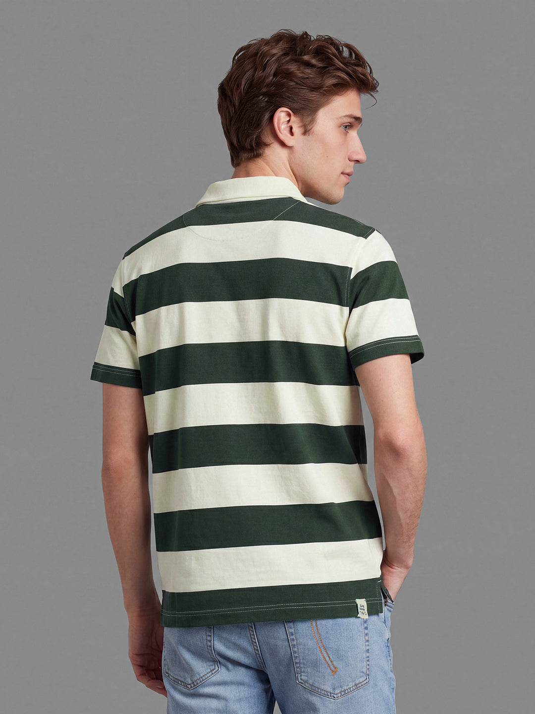 Off White & Green Easy Fit Striped Short Sleeves Polo Collar Men's T-Shirt by Being Human Clothing
