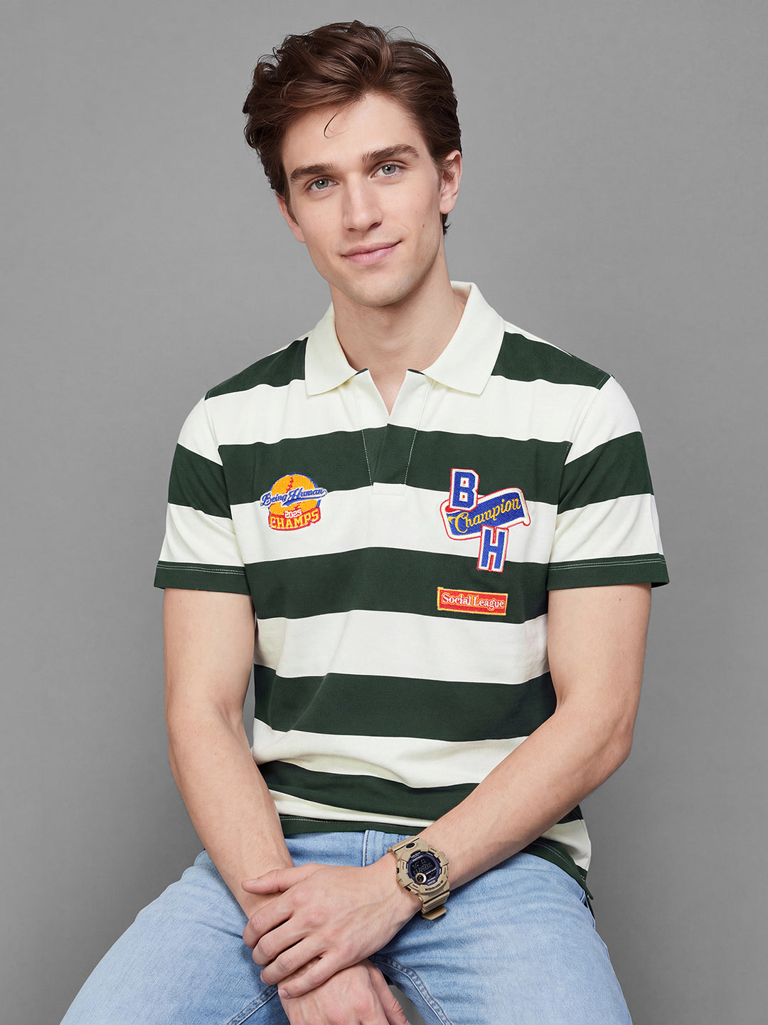 Off White & Green Easy Fit Striped Short Sleeves Polo Collar Men's T-Shirt by Being Human Clothing