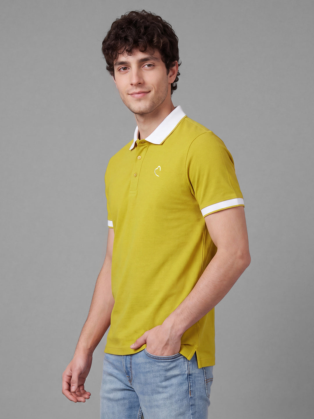 Mustard Moderno Fit Solid Pure Cotton Short Sleeves Polo Collar Men's T-shirt by Being Human Clothing