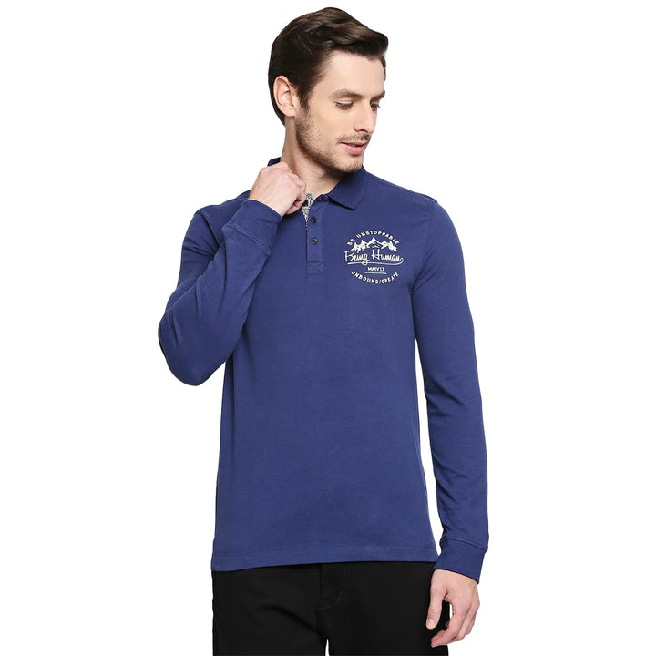 Navy Regular Fit Men's Long Sleeves Polo T-Shirt by Being Human Clothing