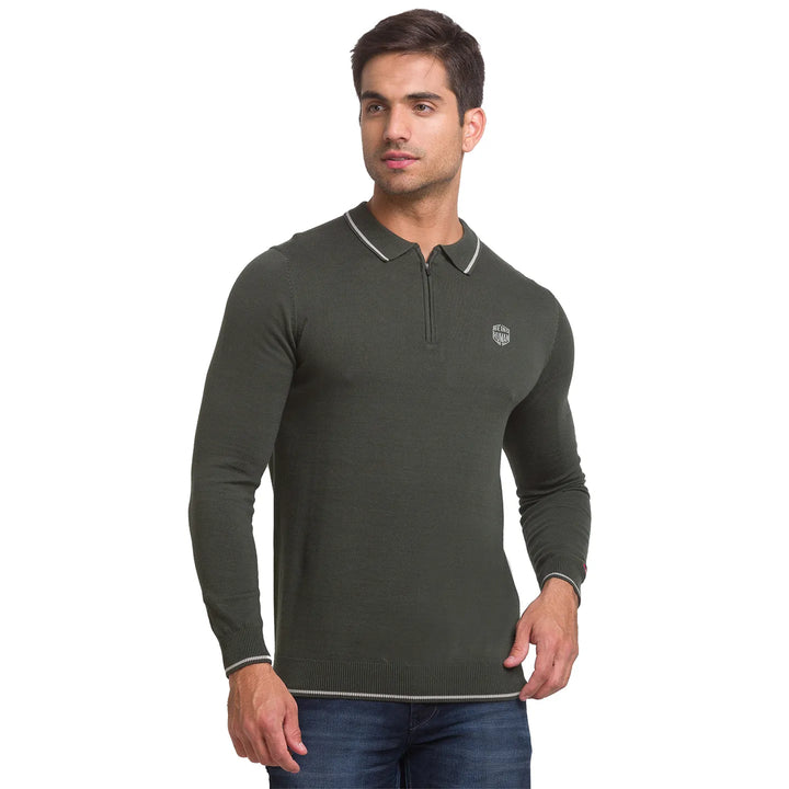 Army Green Regular Fit Men's Long Sleeves Polo T-Shirt by Being Human Clothing