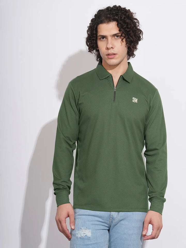 Green Regular Fit Men's Long Sleeves Polo T-Shirt