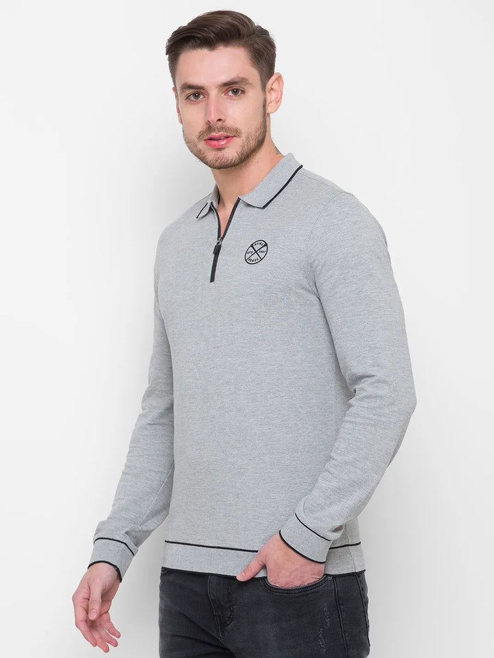 Grey Regular Fit Men's Long Sleeves Polo T-Shirt