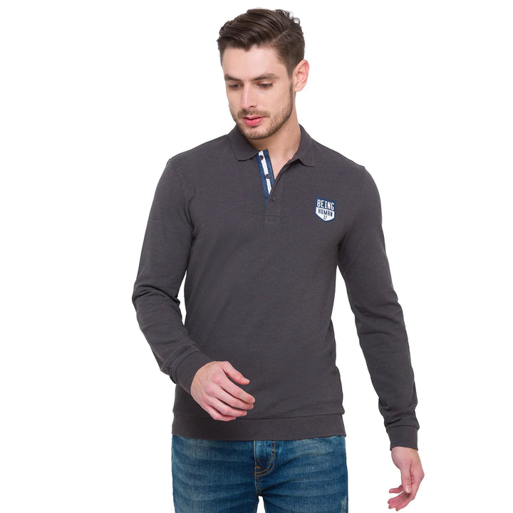 Grey Regular Fit Men's Long Sleeves Polo T-Shirt