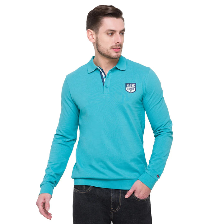 Aqua Blue Regular Fit Men's Long Sleeves Polo T-Shirt