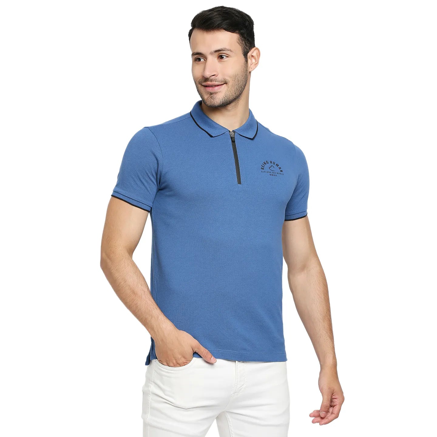 Being Human Clothing Men Regular Fit Polo Neck T-Shirts-Blue