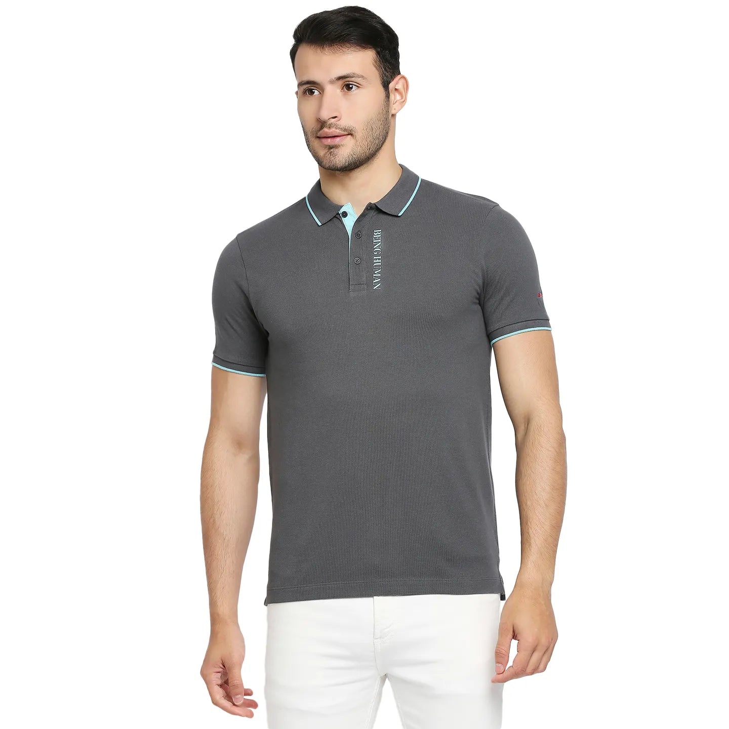 Being Human Clothing Men Regular Fit Polo Neck T-Shirts-Charcoal