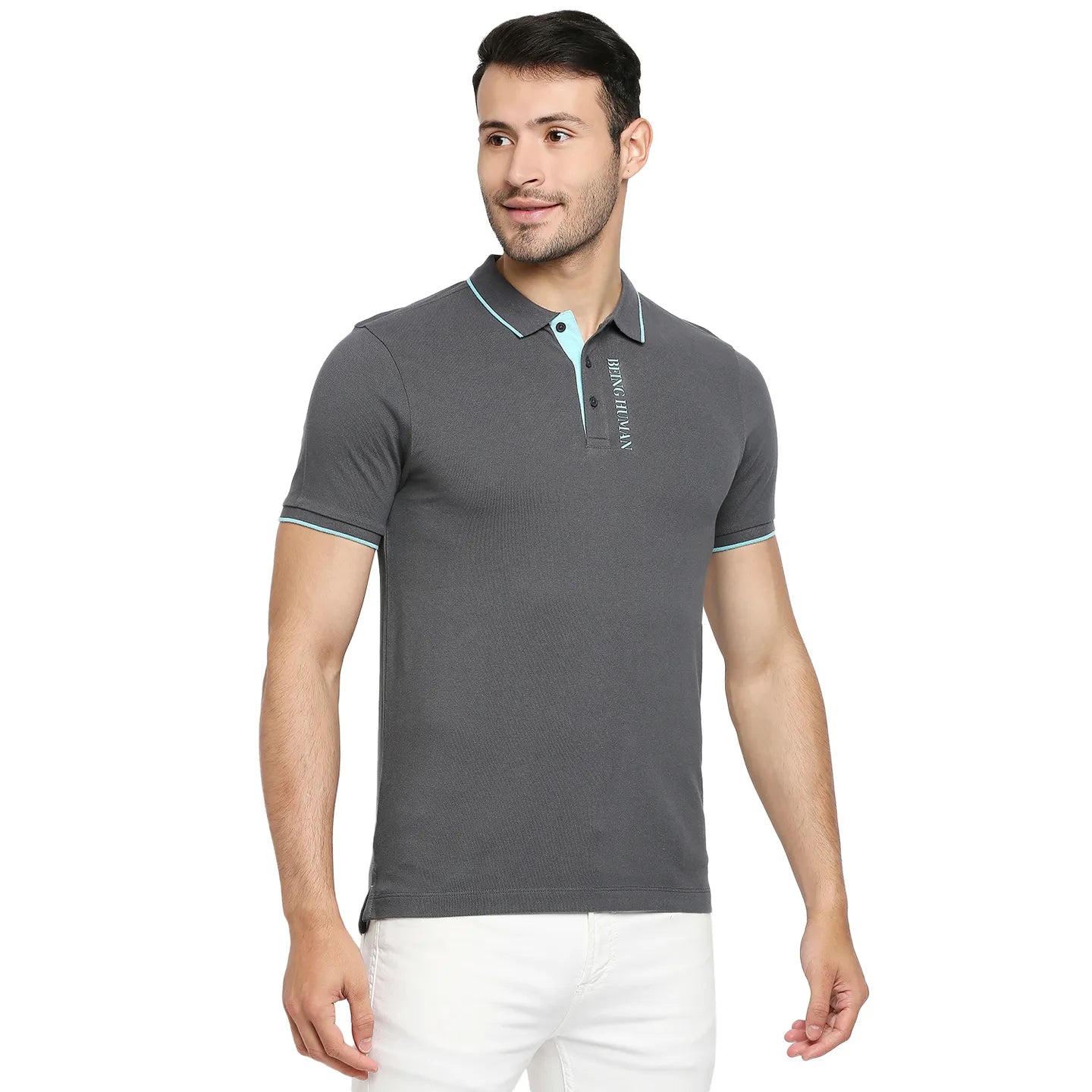 Being Human Clothing Men Regular Fit Polo Neck T-Shirts-Charcoal