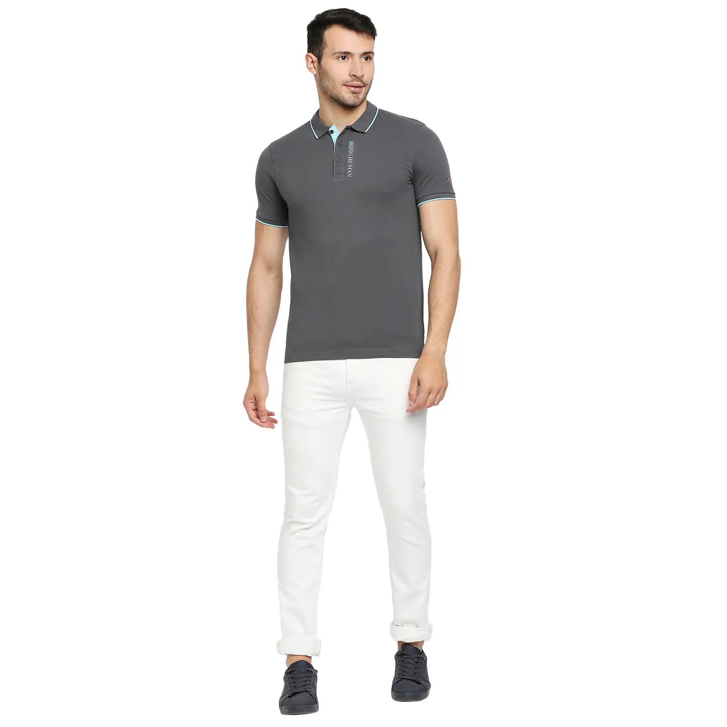 Being Human Clothing Men Regular Fit Polo Neck T-Shirts-Charcoal