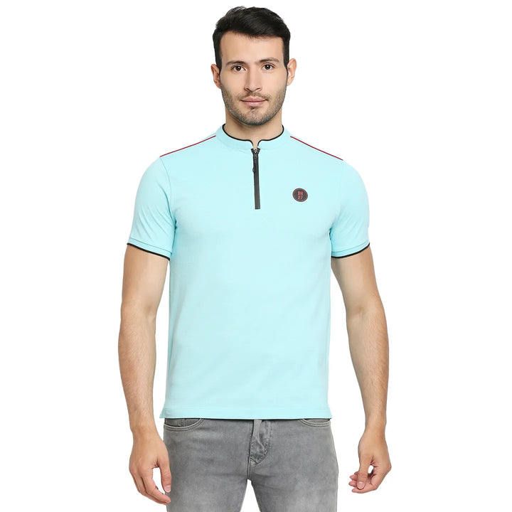 Ice Blue Regular Fit Mandarin Collar Men's Polo T-Shirt