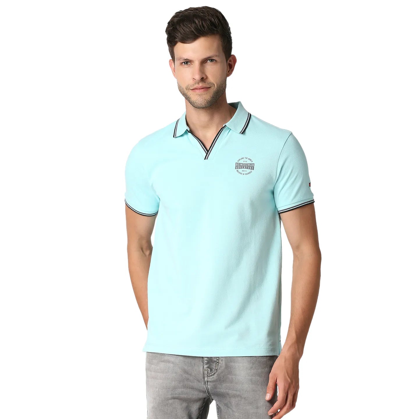 Being Human Clothing Men Regular Fit Polo Neck T-Shirts-Aqua