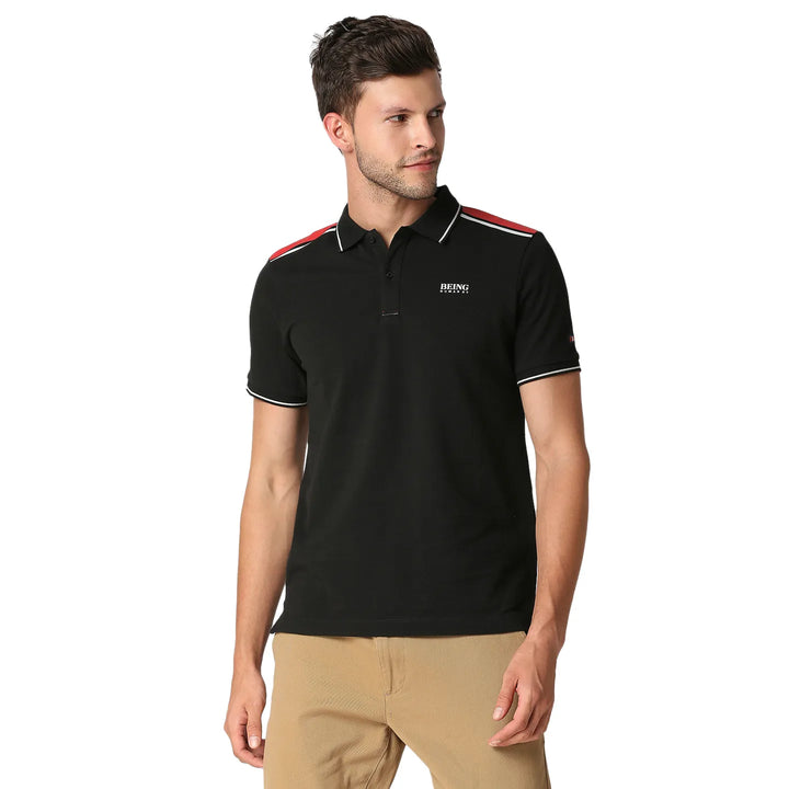 Black Slim Straight Fit Men's Polo T-Shirt by Being Human Clothing