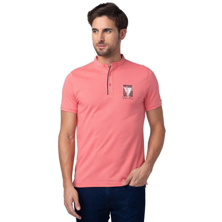 Pink Regular Fit Mandarin Collar Men's Polo T-Shirt