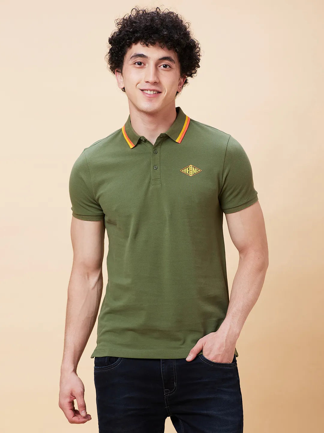 Being Human Clothing Men Regular Fit Polo Neck T-Shirts-Bronze Green