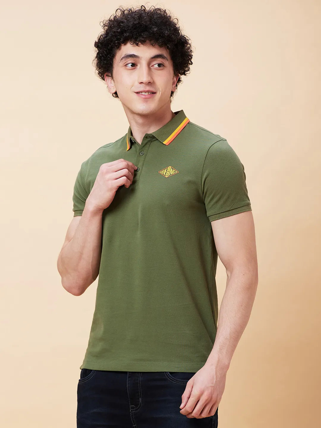 Being Human Clothing Men Regular Fit Polo Neck T-Shirts-Bronze Green