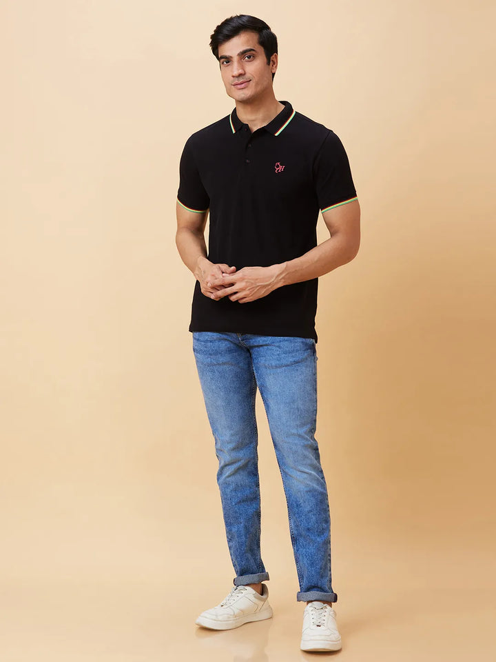 Black Regular Fit Men's Polo T-Shirt by Being Human Clothing