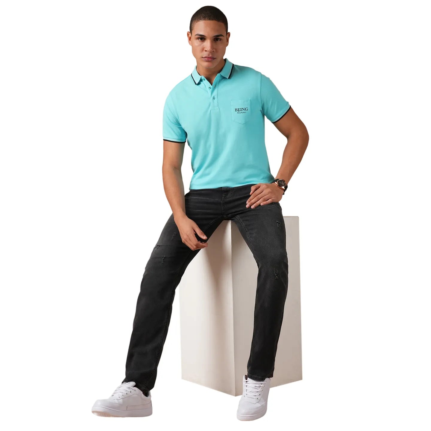 Aqua Regular Fit Men's Polo T-Shirt by Being Human Clothing