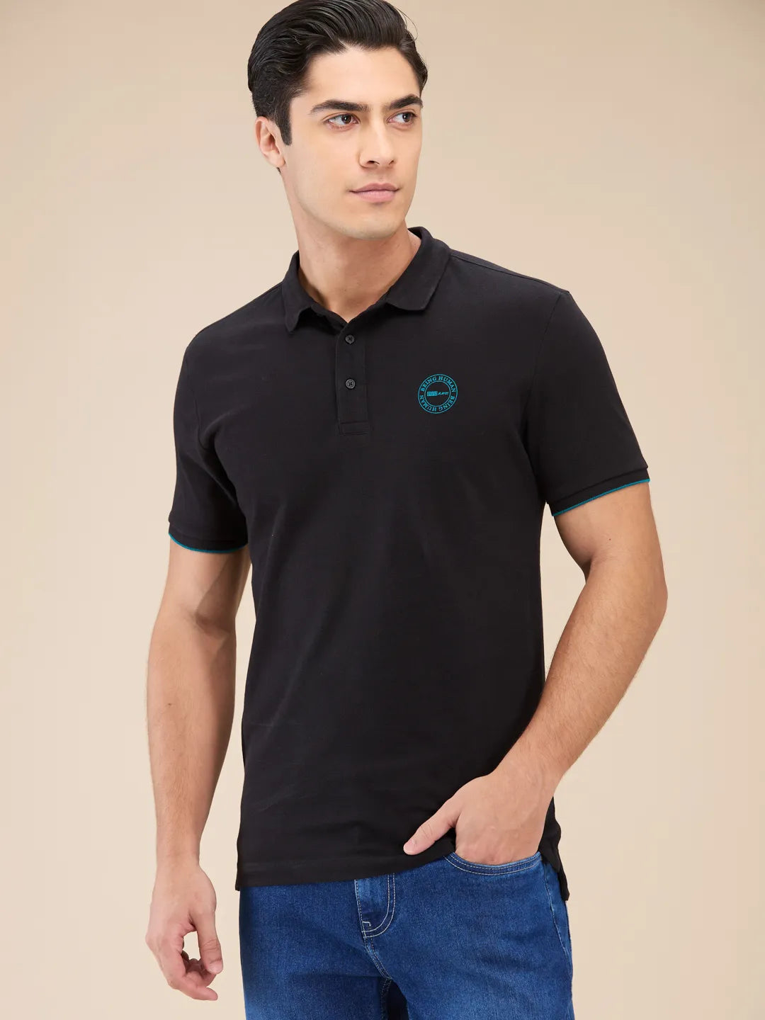 Mens-Top Polo Neck Black by Being Human Clothing