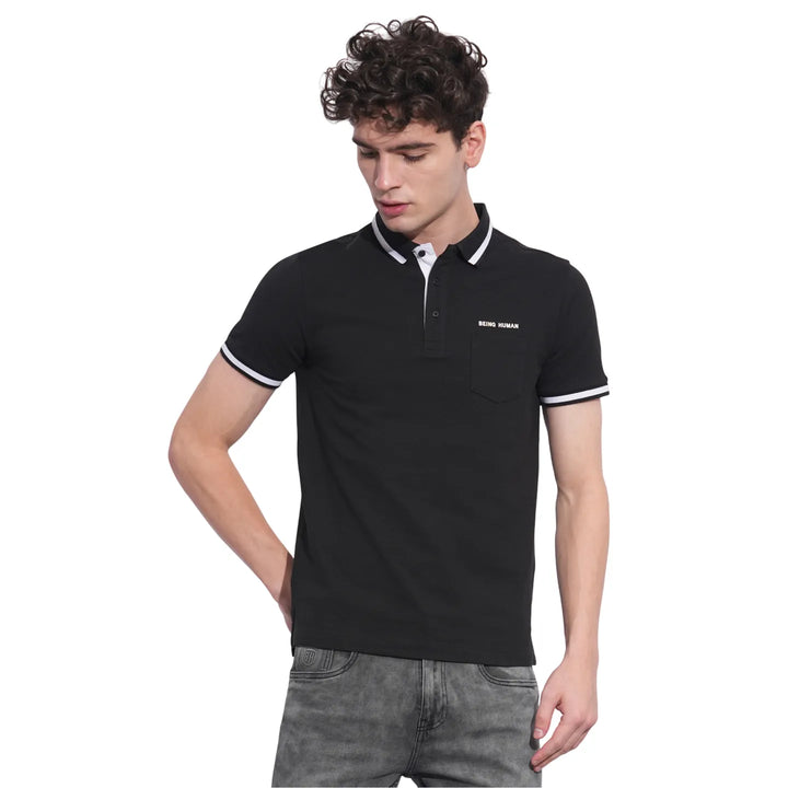 Black Regular Fit Men's Polo T-Shirt by Being Human Clothing