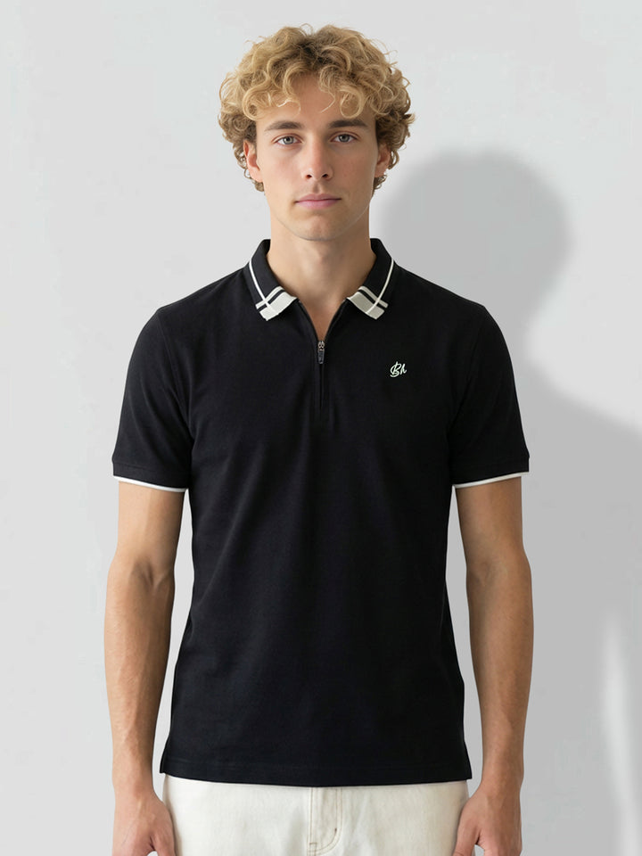 Black Regular Fit Solid Pure Cotton Half Sleeves Men's Polo T-shirt by Being Human Clothing