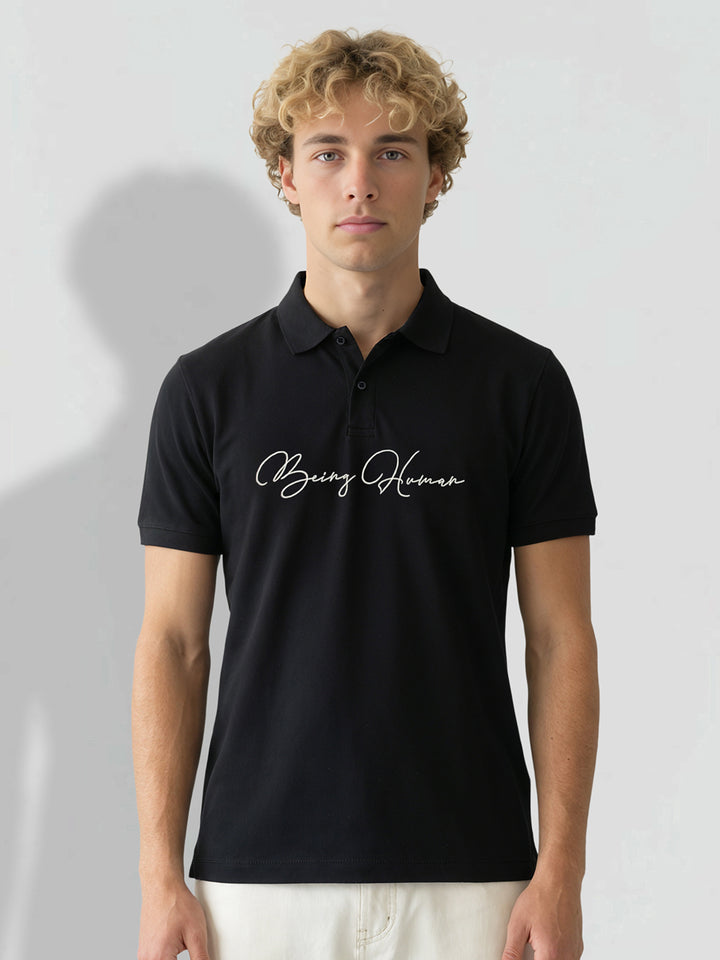 Black Regular Fit Typography Pure Cotton Half Sleeves Men's Polo T-shirt by Being Human Clothing