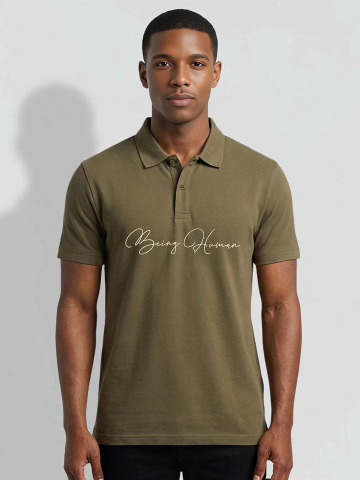 Green Regular Fit Typography Pure Cotton Half Sleeves Men's Polo T-shirt by Being Human Clothing