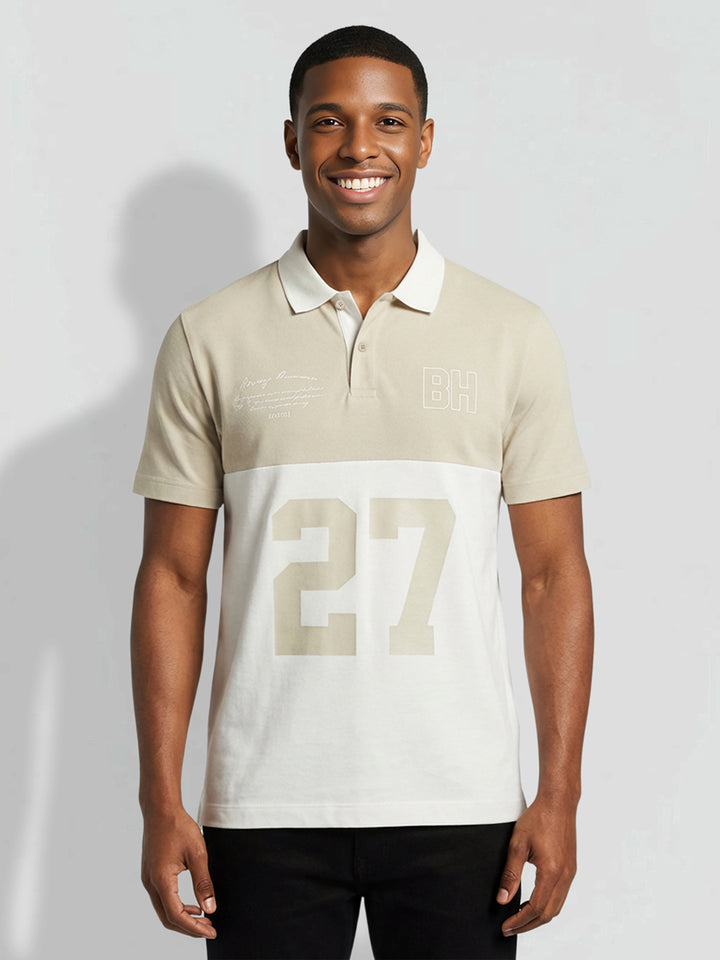 Beige Regular Fit Graphic Print Pure Cotton Half Sleeves Men's Polo T-shirt by Being Human Clothing