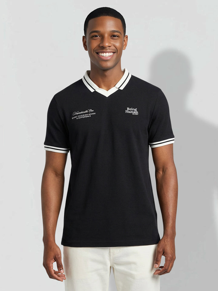 Black Regular Fit Typography Pure Cotton Half Sleeves Men's Polo T-shirt by Being Human Clothing