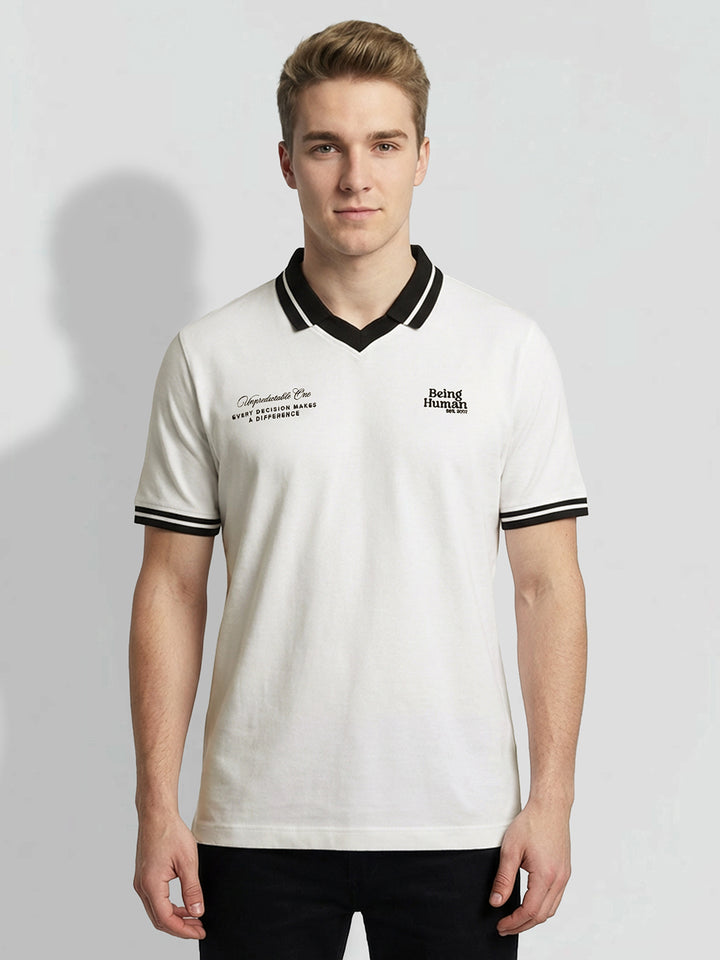 White Regular Fit Typography Pure Cotton Half Sleeves Men's Polo T-shirt by Being Human Clothing