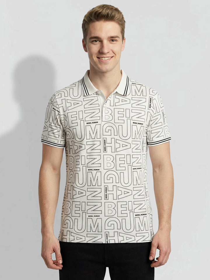 Cream Regular Fit Typography Pure Cotton Half Sleeves Men's Polo T-shirt by Being Human Clothing