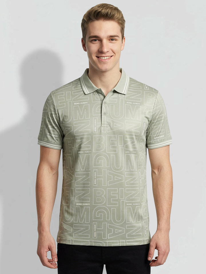 Green Regular Fit Typography Pure Cotton Half Sleeves Men's Polo T-shirt by Being Human Clothing