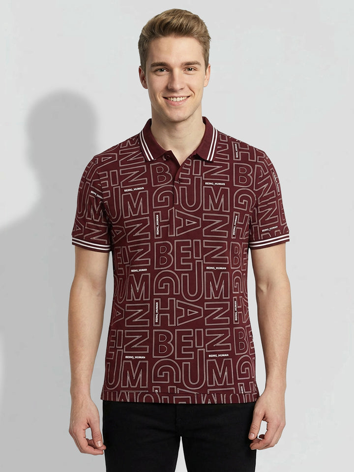 Maroon Regular Fit Typography Pure Cotton Half Sleeves Men's Polo T-shirt by Being Human Clothing