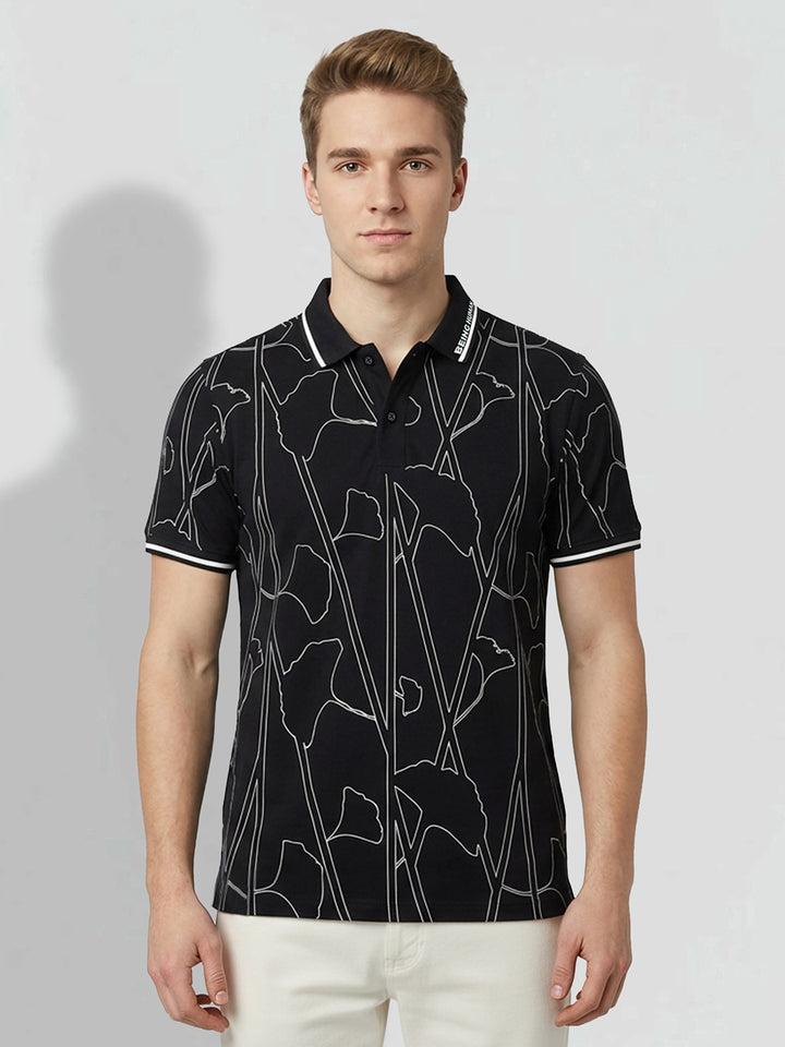 Black Regular Fit Geometric Print Pure Cotton Half Sleeves Men's Polo T-shirt by Being Human Clothing