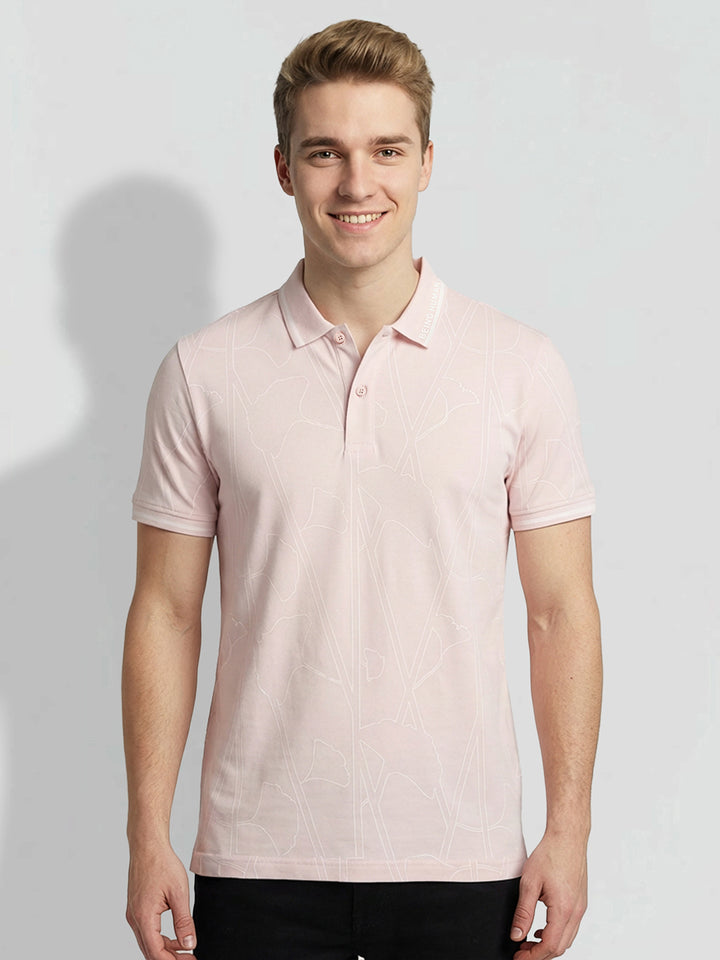 Pink Regular Fit Geometric Print Pure Cotton Half Sleeves Men's Polo T-shirt by Being Human Clothing