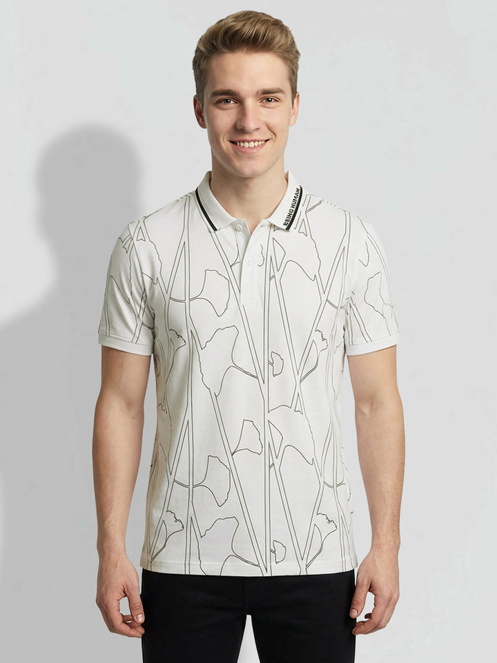 White Regular Fit Geometric Print Pure Cotton Half Sleeves Men's Polo T-shirt by Being Human Clothing