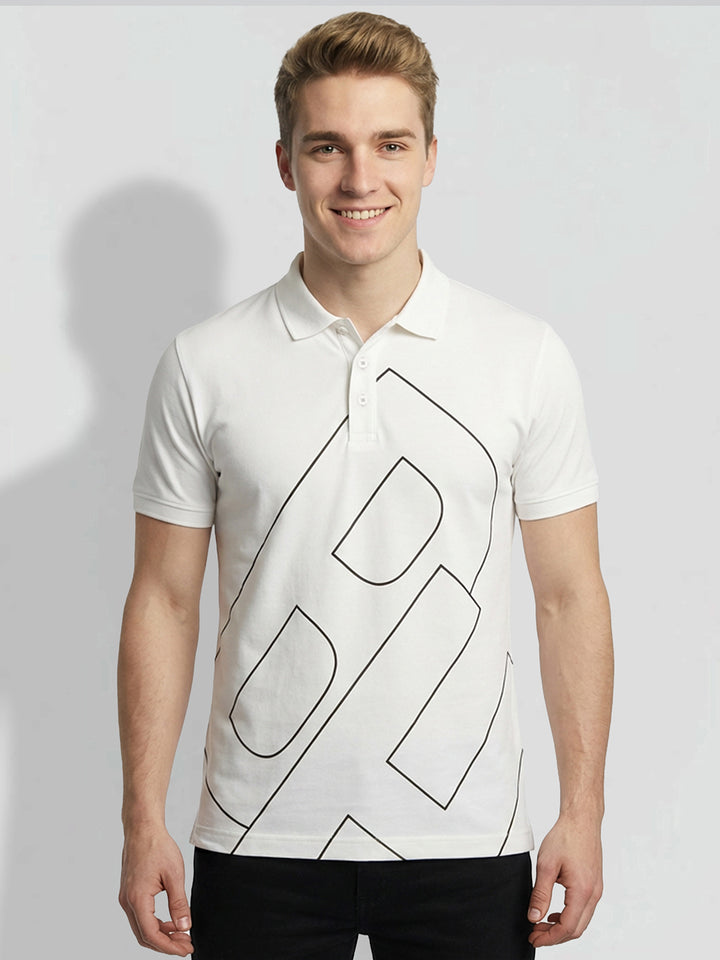 White Regular Fit Graphic Print Pure Cotton Half Sleeves Men's Polo T-shirt by Being Human Clothing