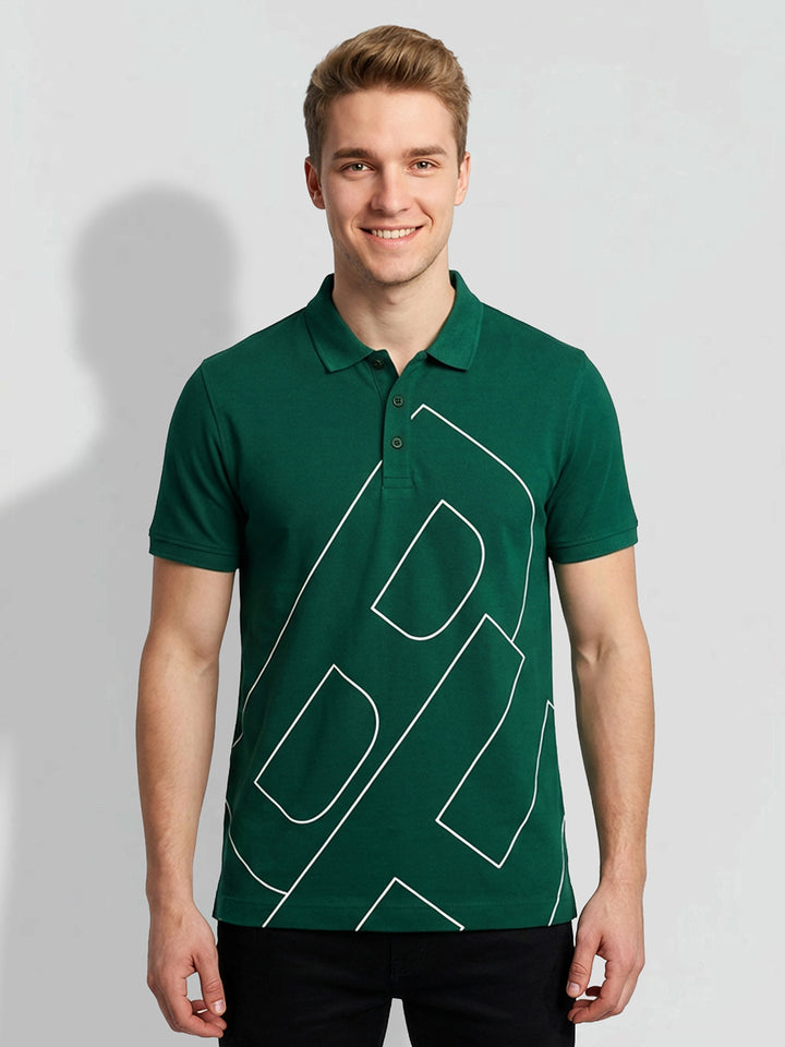 Green Regular Fit Graphic Print Pure Cotton Half Sleeves Men's Polo T-shirt by Being Human Clothing