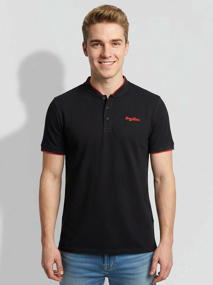 Black Regular Fit Solid Pure Cotton Half Sleeves Men's Polo T-shirt by Being Human Clothing