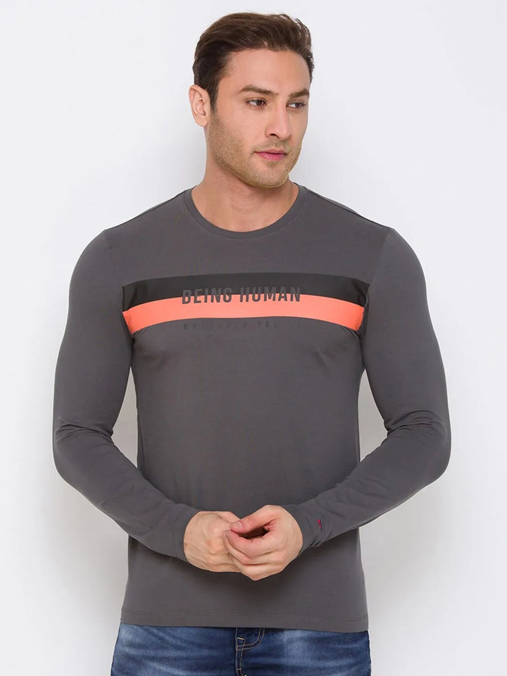 Grey Regular Fit Men's Long Sleeves T-Shirt by Being Human Clothing