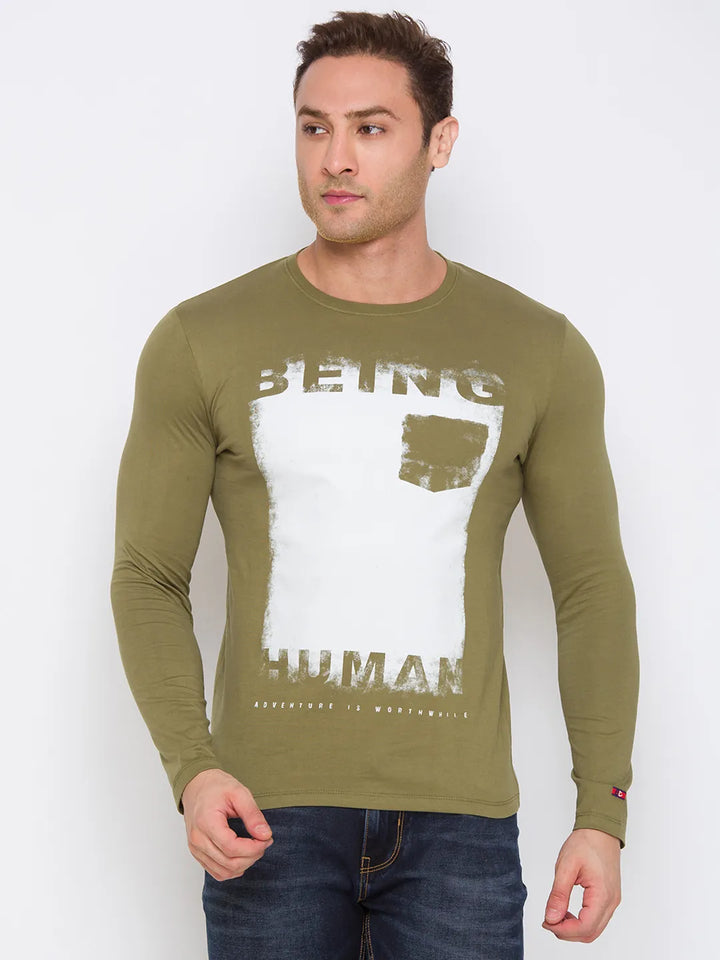 Green Regular Fit Men's Long Sleeves T-Shirt by Being Human Clothing