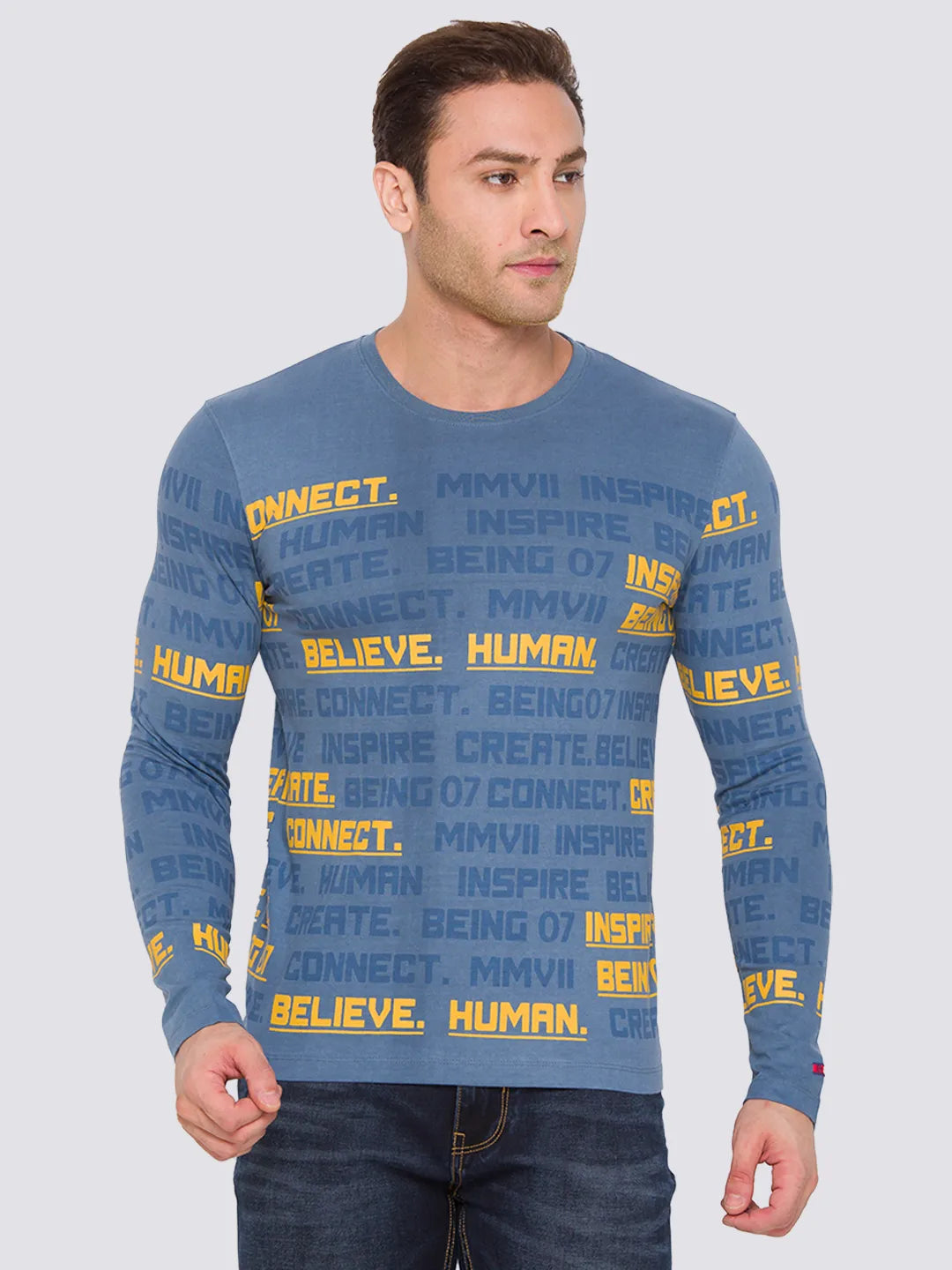 Blue Slim Straight Fit Men's Long Sleeves T-Shirt by Being Human Clothing